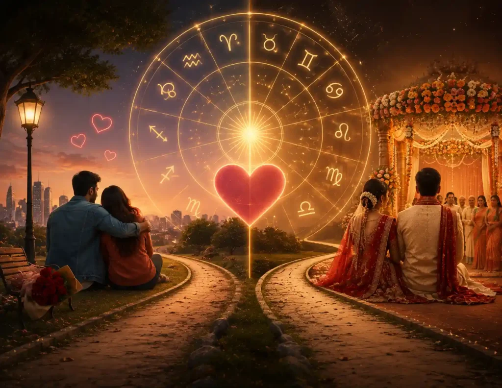 Love marriage vs arranged marriage astrology illustration with a Kundli zodiac chart, romantic couple, and traditional wedding ceremony