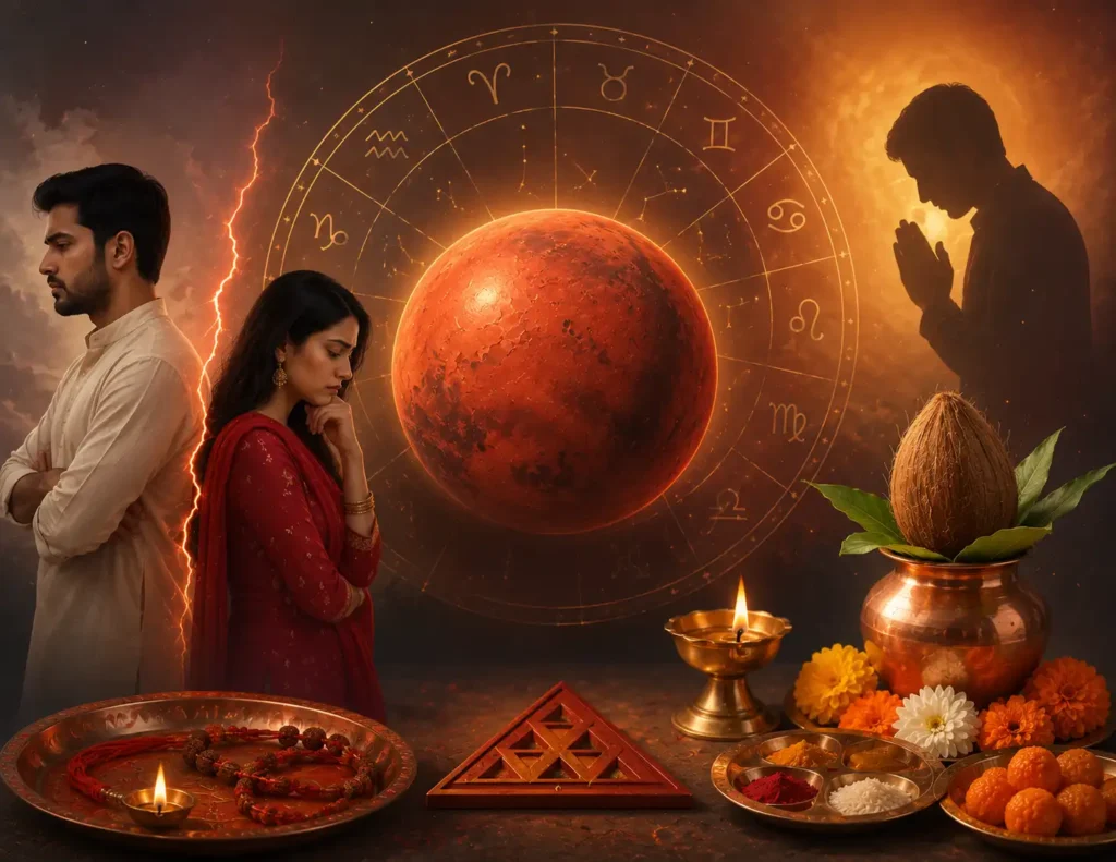 Mangal Dosh astrology illustration showing Mars, a zodiac chart, a couple, and traditional remedies