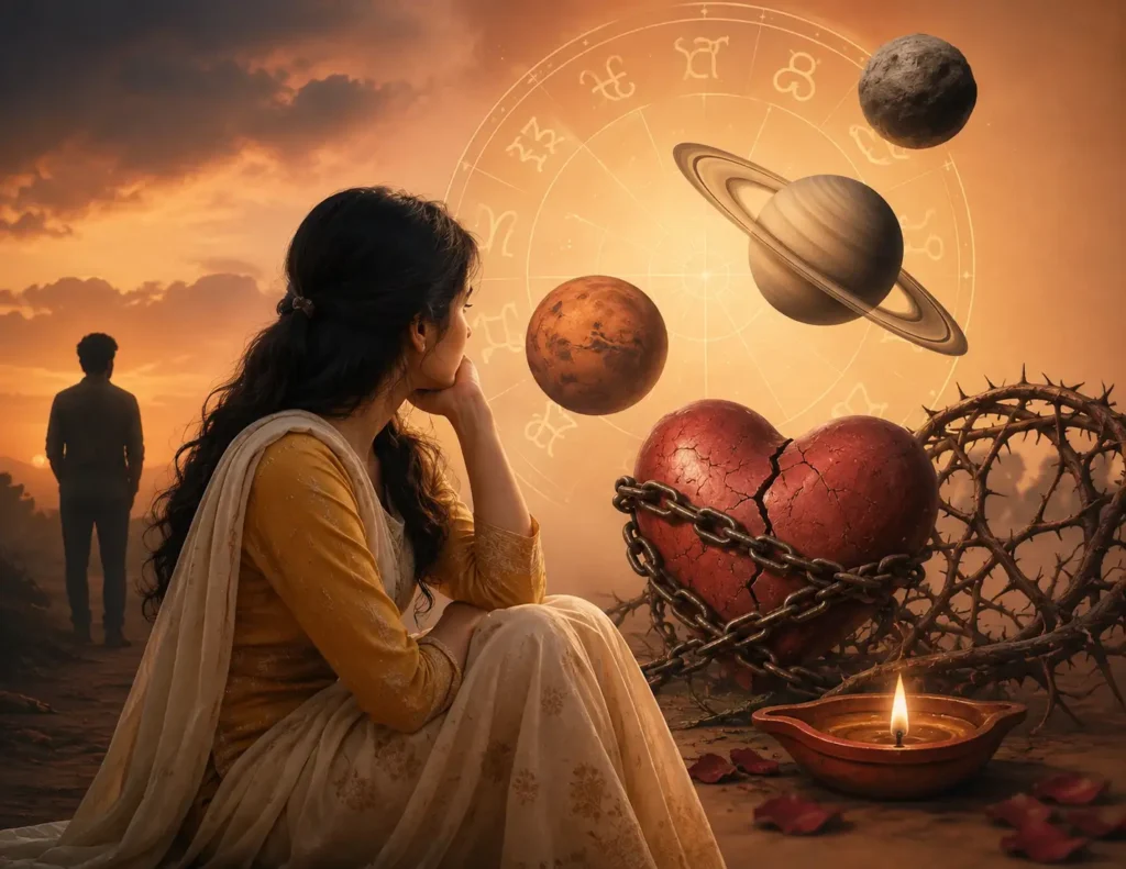 Reasons for delay in marriage astrology illustrated with a woman, zodiac chart, hourglass, chained heart, and distant partner